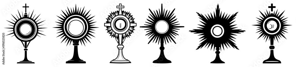 Fototapeta premium Set of ornate Catholic monstrance silhouettes for Eucharistic adoration on white background