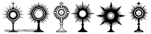 Set of ornate Catholic monstrance silhouettes for Eucharistic adoration on white background