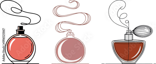 Three stylized perfume bottles with swirling scent lines