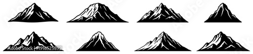 Collection of eight mountain peak silhouettes in black and white vector style
