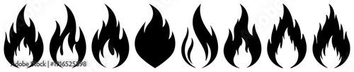 Set of eight fire and flame icons in a minimalist black silhouette style