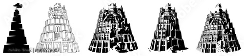 Collection of Tower of Babel illustrations in various graphic styles from silhouette to detailed line art