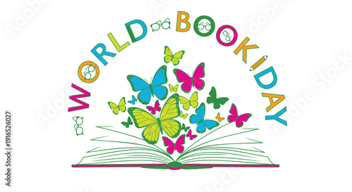 World Book Day icon, colorful butterflies emerging from an open book, literacy celebration symbol.