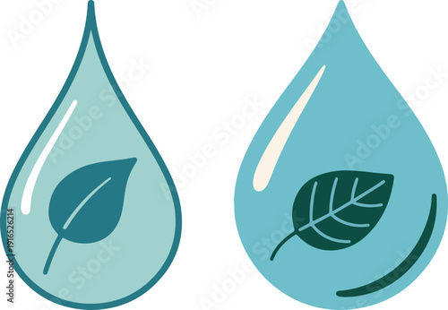 Two stylized water drops with leaves inside leaf nature