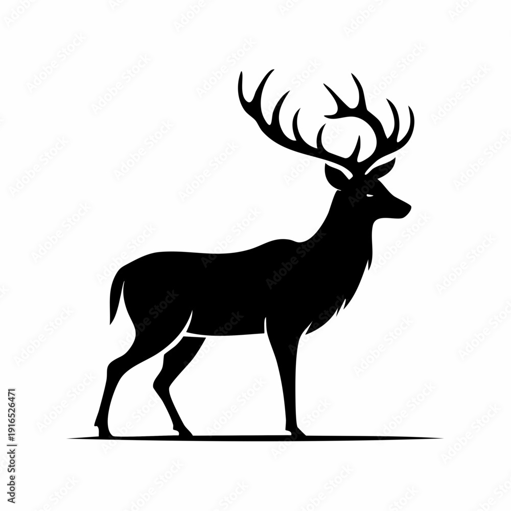 Fototapeta premium Black silhouette of a deer with large antlers standing on a white background with a minimalist style.