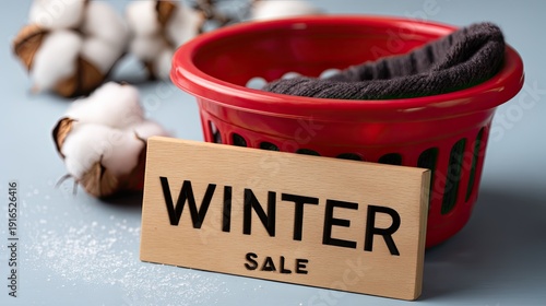 White basket is filled with decorative elements as snowflakes fall in the background during winter time