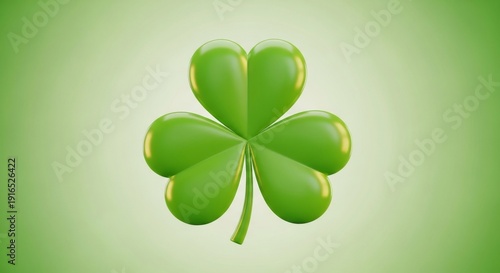 A shiny green four-leaf clover centered on a gradient green background from a direct viewpoint