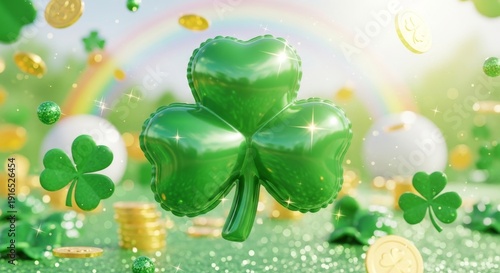 A giant shiny four-leaf clover floats amidst gold coins and rainbows on a green field