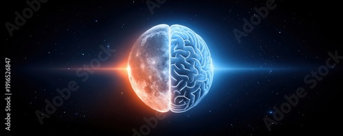 Science of sleep, health, and work performance. A glowing half-moon merges with a half brain, symbolizing the blend of cosmic and intellectual realms against a starry space background.