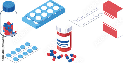 Medical Pills and Medication Vector Illustration Set with Capsules, Tablets, Blister Packs and Prescription Bottles for Healthcare and Pharmacy Design