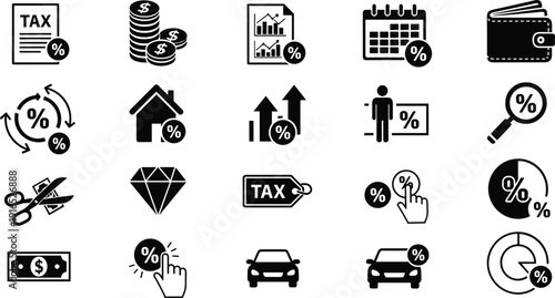 Business tax and financial interest icon set featuring tax documents, interest rates, percentage growth, wallet, investment charts, and credit icons,