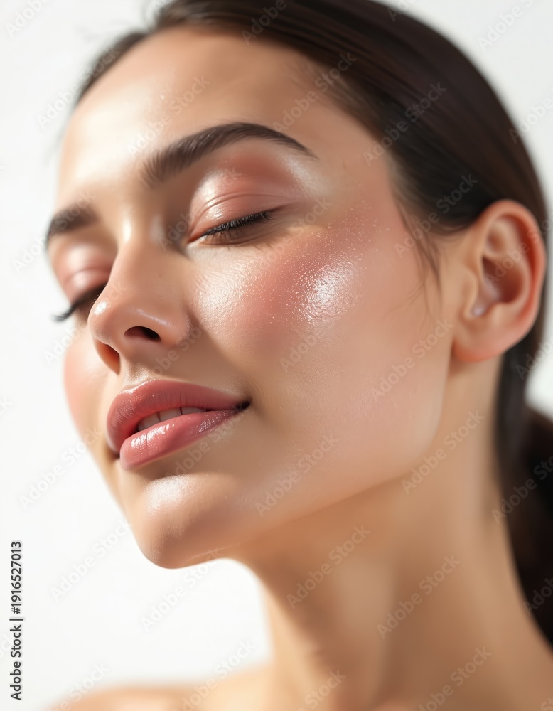 Obraz premium Woman face shows dewy makeup and soft lips. Pure beauty with glowing, healthy, clear skin reflects wellness and elegance. Youthful and natural look with subtle shine.