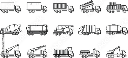 Logistics transport icon set featuring heavy trucks, delivery vans, cargo containers, cement mixers, fuel tankers, garbage trucks, and industrial crane vehicles,