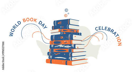 World Book Day icon collection. Includes book, stack, celebration, reading symbols. Created in colorful style with orange, blue palette