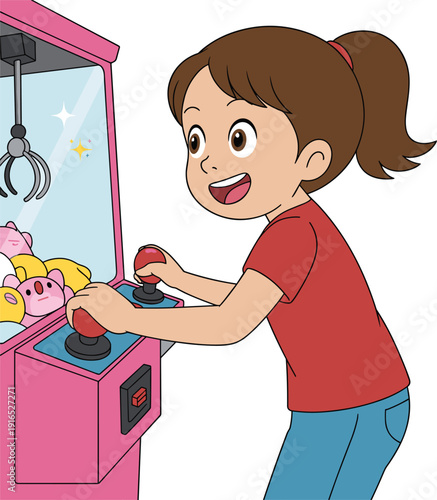 Happy Cartoon Girl Playing Pink Claw Machine Arcade Game Trying to Win Cute Plush Toys with Joysticks and Crane Isolated on White Background