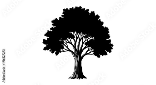 A simple black silhouette of a tree with a thick trunk and sprawling branches against a white background.