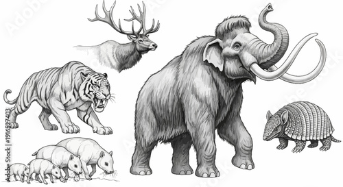 Ancient creatures roam in a prehistoric landscape with diverse wildlife.