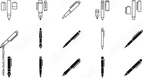 Minimalist pen icon set featuring fountain pens, ballpoint pens, luxury writing instruments, ink pens, office stationery symbols, and signature tools,