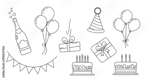 A collection of party elements including balloons, gifts, and cakes in a simple line drawing style.