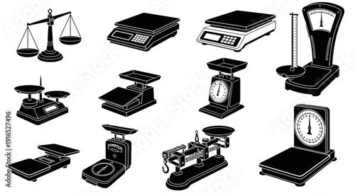 Various types of scales and balances used for measuring weight and mass in different settings.