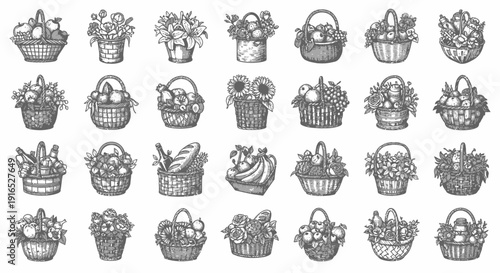 A collection of twenty five different black and white illustrations of baskets filled with various flowers and foliage.