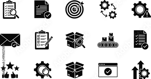 Business management icon set featuring quality control checklists, logistics delivery boxes, target goals, data analysis, verified emails, and industrial production,