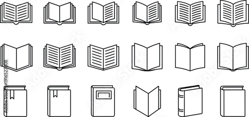 Minimalist line art book icon set featuring open textbooks, notebooks with bookmarks, literature manuals, library reading symbols, and educational document outlines,
