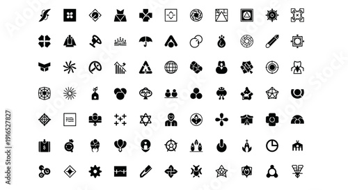 Collection of various black icons on a white background displayed in a grid pattern.