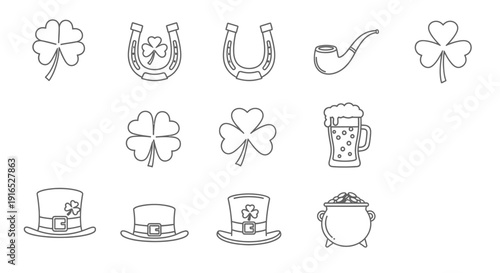 A collection of st patricks day symbols and icons in a grid layout.