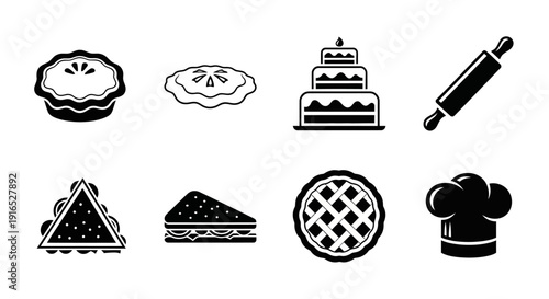 A collection of black and white illustrations of various desserts and baking utensils.