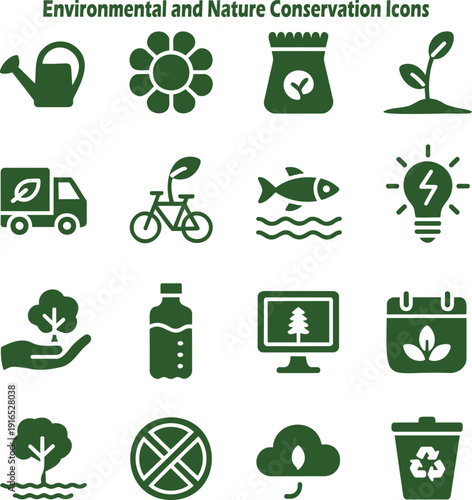 A focused set of green solid icons illustrating various themes of environmental conservation and nature protection