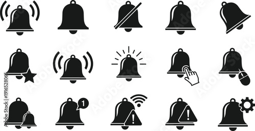 Notification bell icon set featuring alert symbols, silent mode, ringing notifications, star favorites, reminder alarms, message alerts, and setting bells,