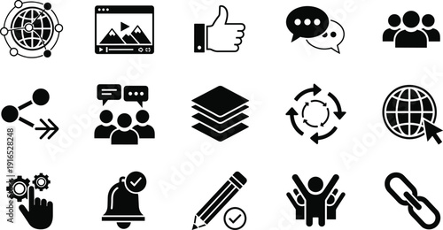 Solid black energy and industry icon set featuring power plants, electricity pylons, fuel pumps, batteries, nuclear power, oil barrels, and coal,