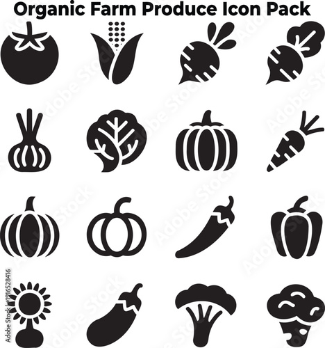Black silhouette icons showing a diverse selection of organic farm produce vegetables and fruits