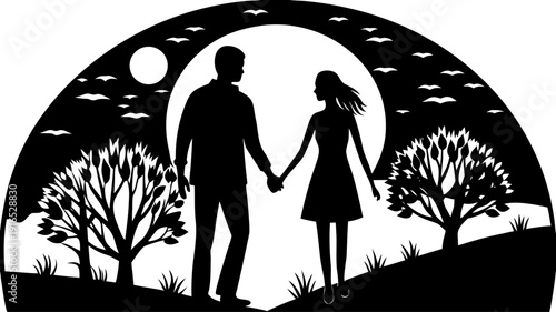 Couple Holding Hands Under Moon/Sunset – Silhouette Vector