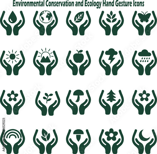A compelling set of green solid icons showing hands cradling various elements of nature and the environment