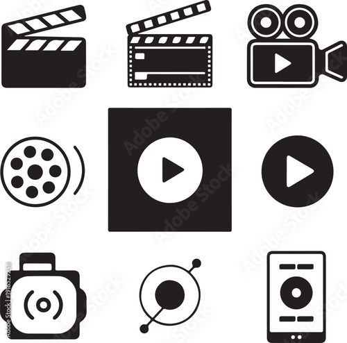 Black and white video and film production icons on white background