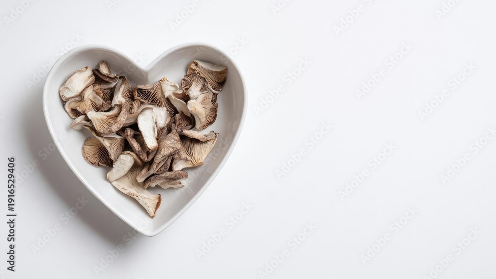 Obraz premium Dried mushroom slices in a white heart-shaped bowl. Concept Dried mushrooms, White heart-shaped bowl, Minimalist food styling, Rustic kitchen decor, Close-up culinary shot