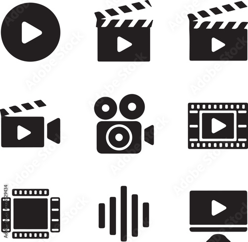 Collection of black video and film icons on white background