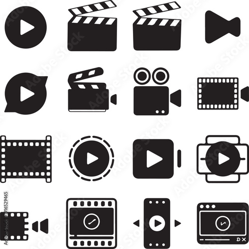 Collection of video production and playback icons in black and white
