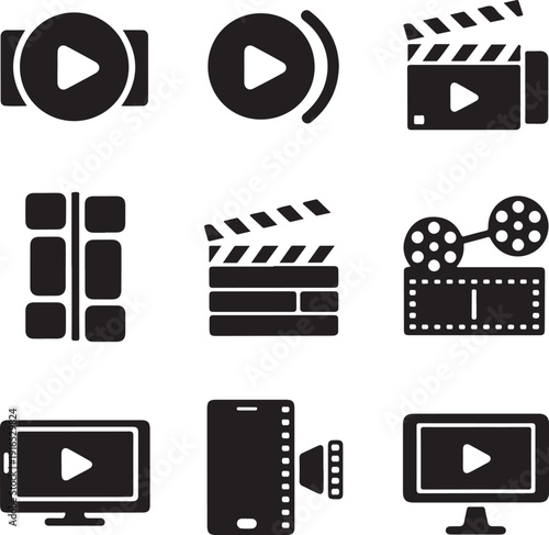 Black and white video production and playback icons