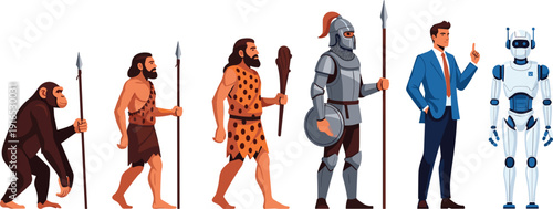 Vector illustration of human evolution from primitive ape to modern businessman and future artificial intelligence robot