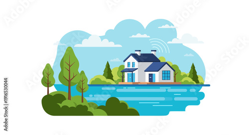 House on the water illustration.