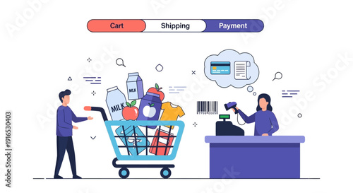 Man pushing shopping cart to checkout.