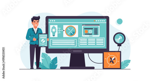 Man standing next to computer screen.