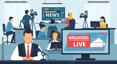 Man sitting at news desk studio.