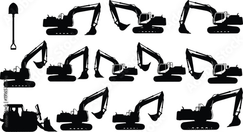 Excavator machine silhouette set with shovel and different working positions, heavy construction equipment illustration isolated on white background