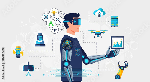 Man wearing virtual reality headset and robotic arm.