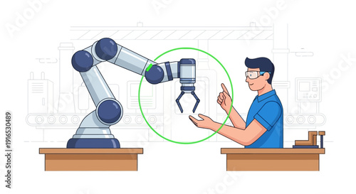 Man wearing VR headset interacting robot.
