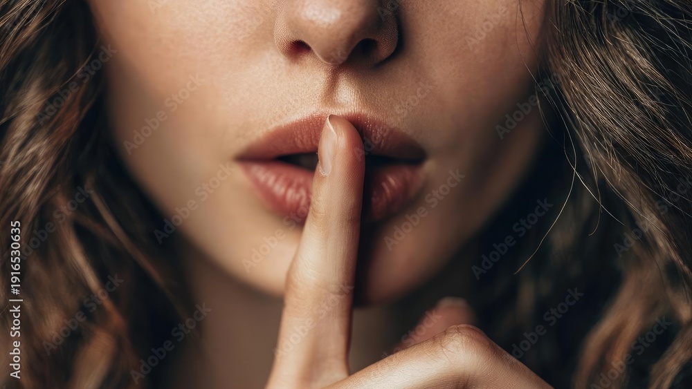 Fototapeta premium Close-up of a woman's lips with a finger pressed to them in a shushing gesture. Concept Shushing close-up, Lip detail, Finger on lips, Intimate portrait, Soft lighting